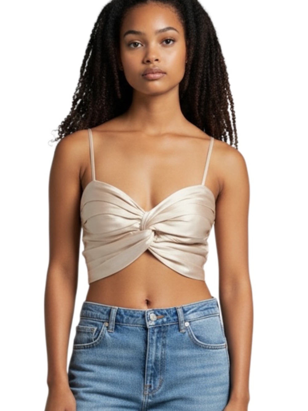 Express Satin Twist-Front Crop Cami - Champagne Beige